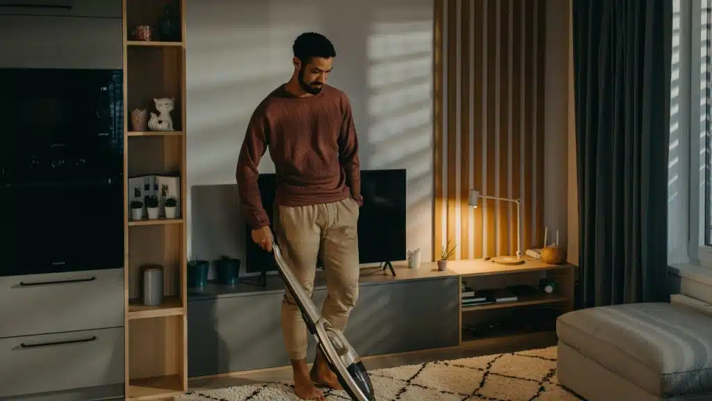 A man stands in a living room holding a vacuum cleaner on a patterned rug.