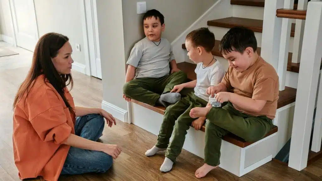 A woman sits on the floor talking to three young boys sitting on indoor wooden stairs.