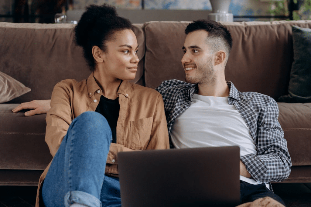 Couple having intimate moment on couch