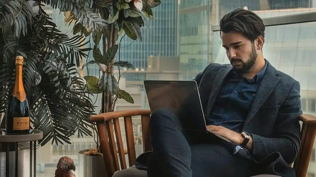 A man sitting by a window, working on a laptop in a modern indoor space.