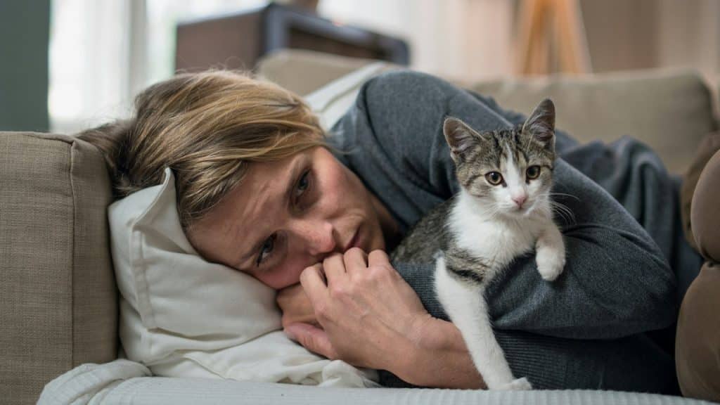 A woman with a cat indoors on a sofa at home feeling stressed.