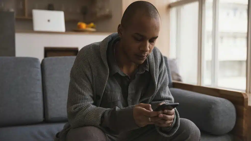 A person sitting on a couch looking down at a smartphone in a softly lit room.