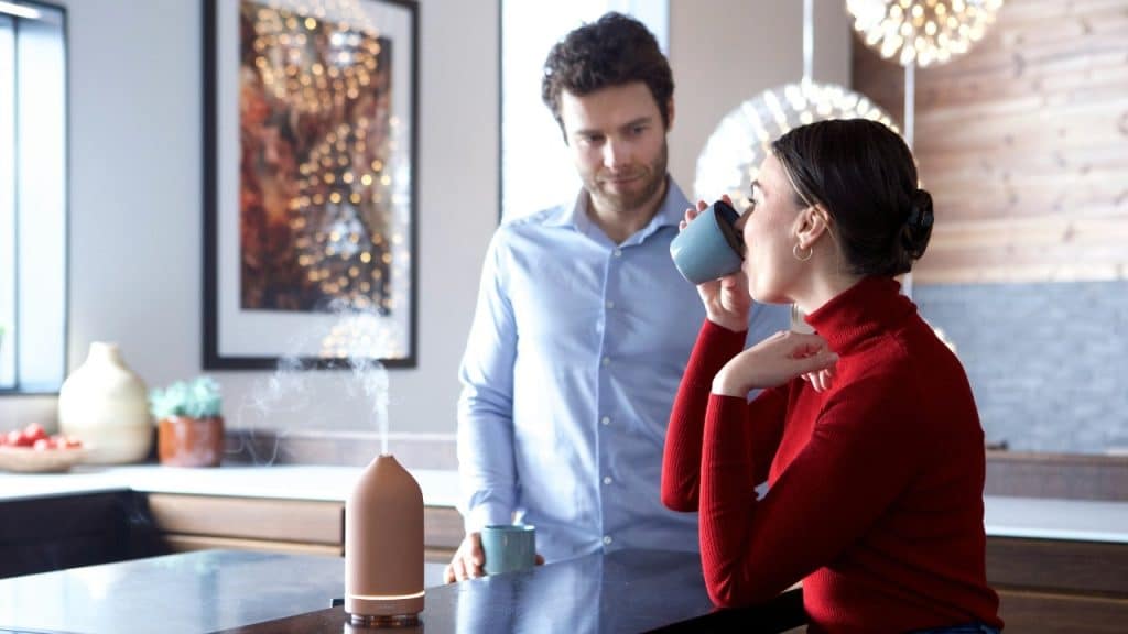 A man and woman stand in a kitchen near a steaming, tall ceramic essential oil diffuser.