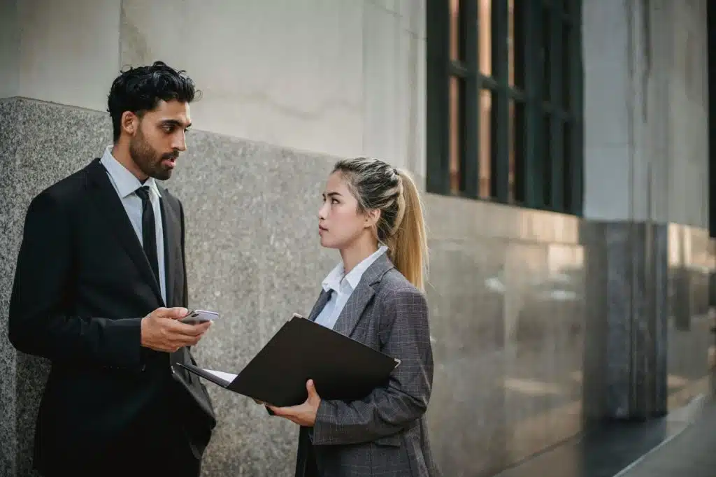 A man and woman talking