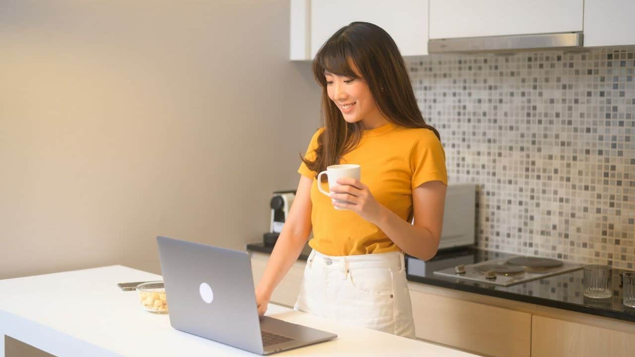 A smiling woman in a yellow shirt stands in a kitchen using a laptop computer.