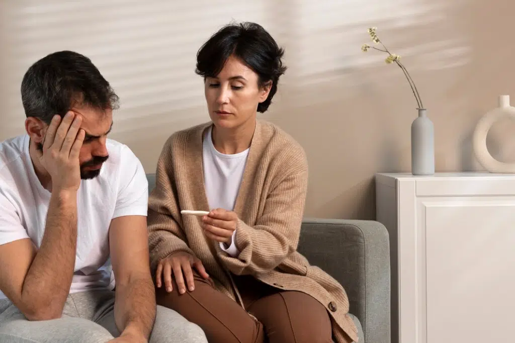 Woman tending to man on sofa