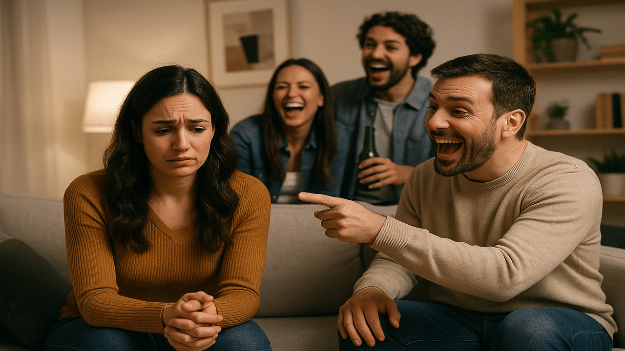 A man making fun of his partner in front of their friends