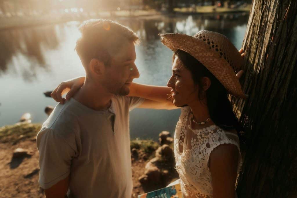 A man and woman talking