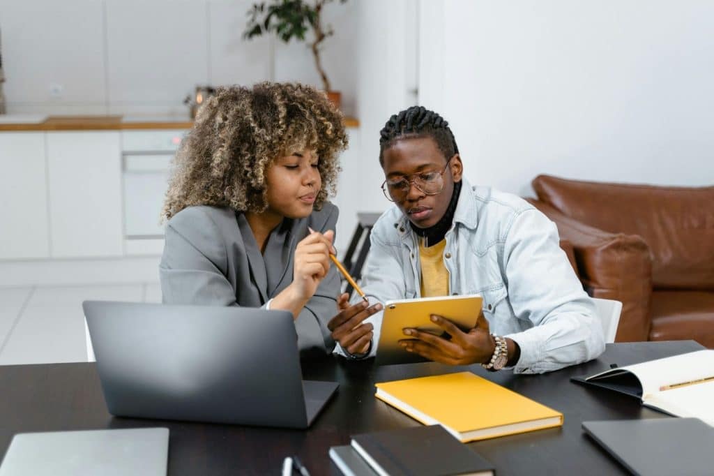 A man and woman talking