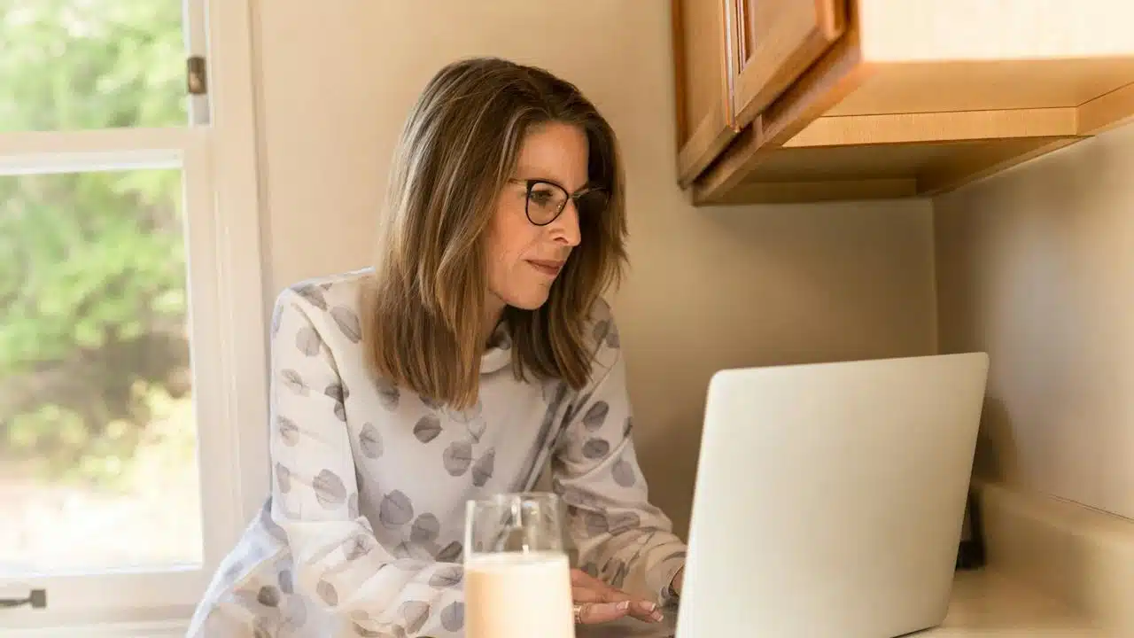 A bespectacled mature woman using a laptop.