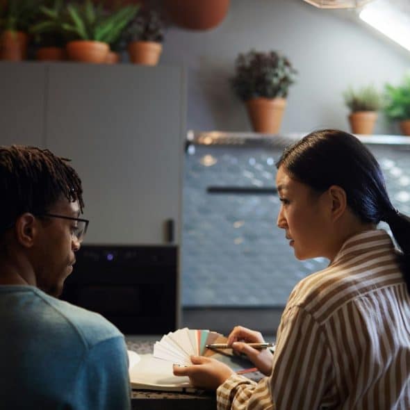 A man and woman talking
