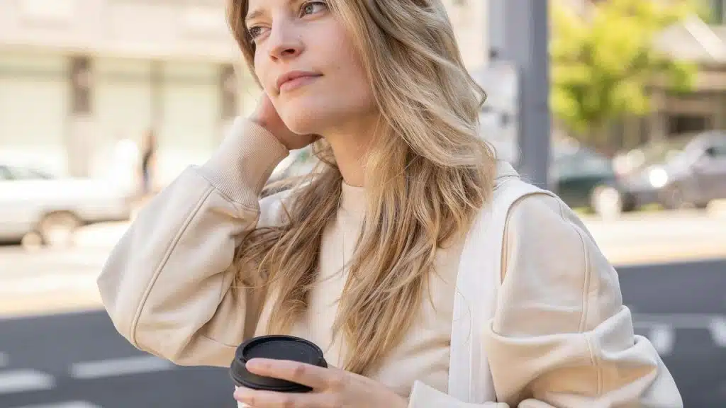 A woman holding a takeaway coffee cup while standing on a city street.