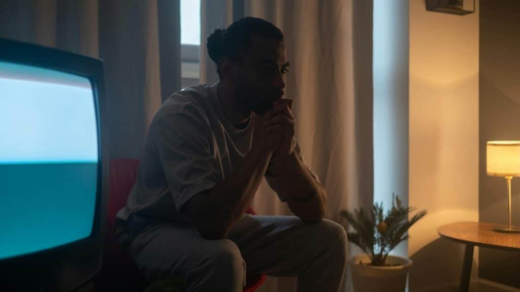 A man sitting in a dark room with hands clasped, facing a glowing television screen.