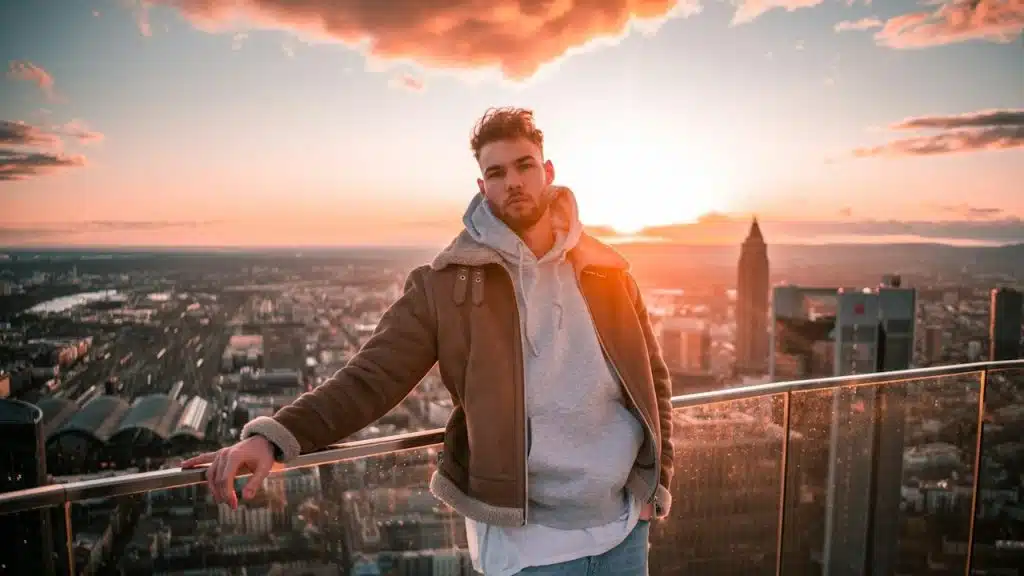 A man standing on top of a tall building.