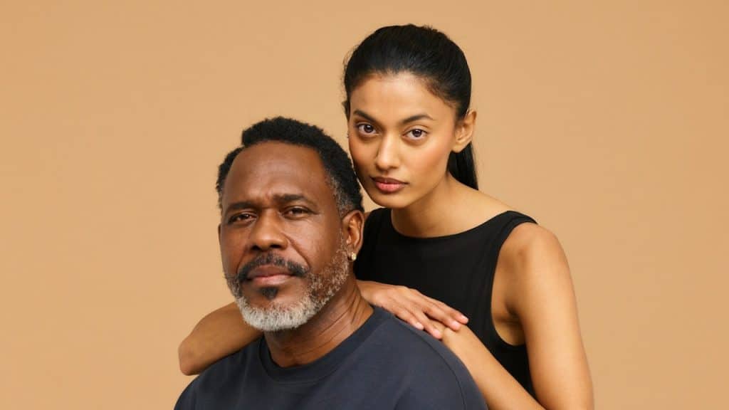 A woman standing next to a man in a black shirt.