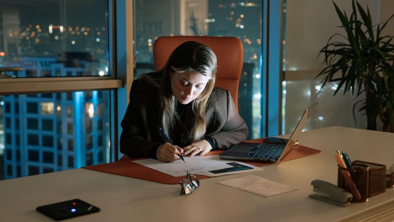 A woman writes on paper at a desk in an office overlooking city night lights.