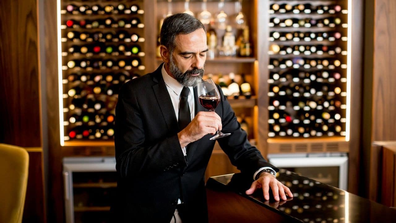 A man in a suit smells a glass of red wine in front of wine racks.