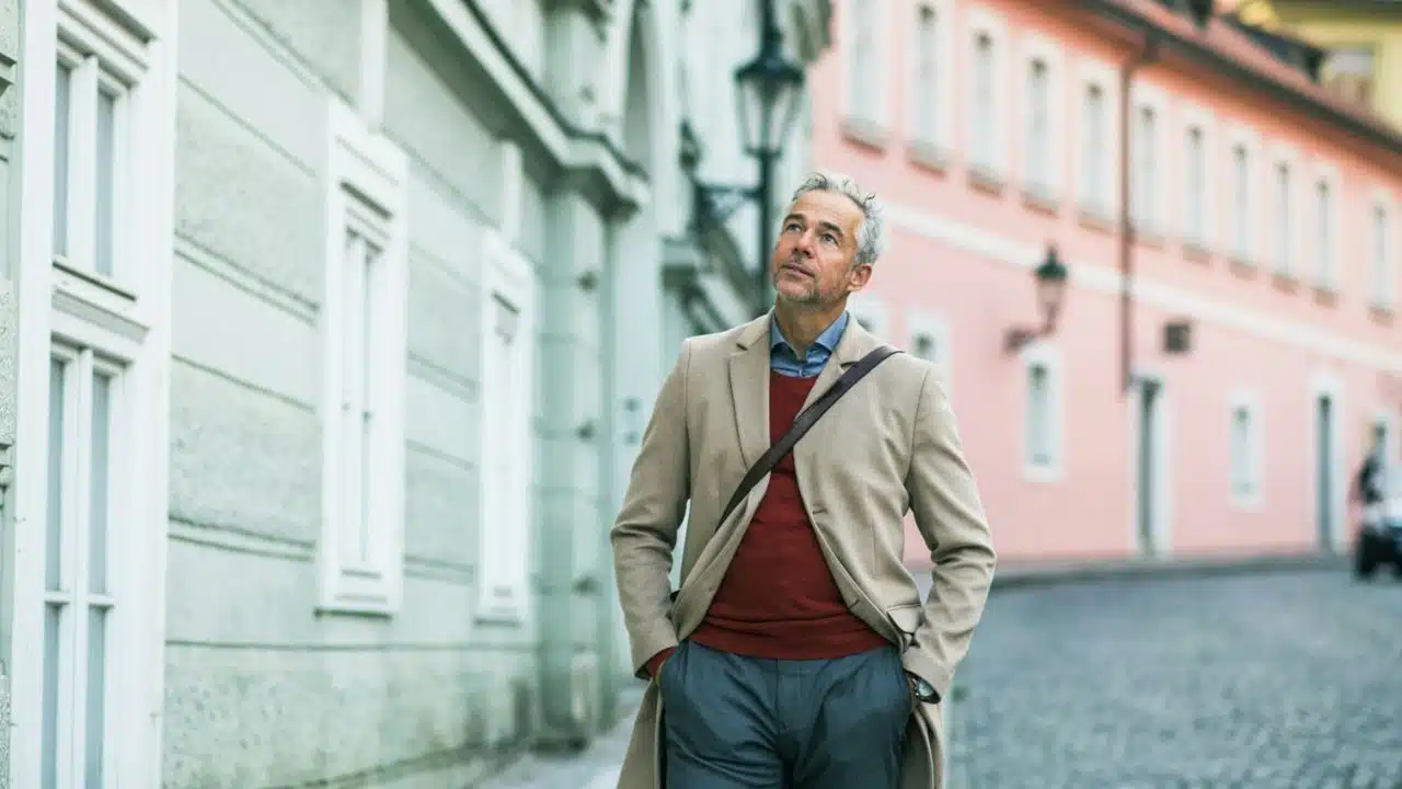 A man with grey hair walks down a cobblestone street lined with colorful European buildings.