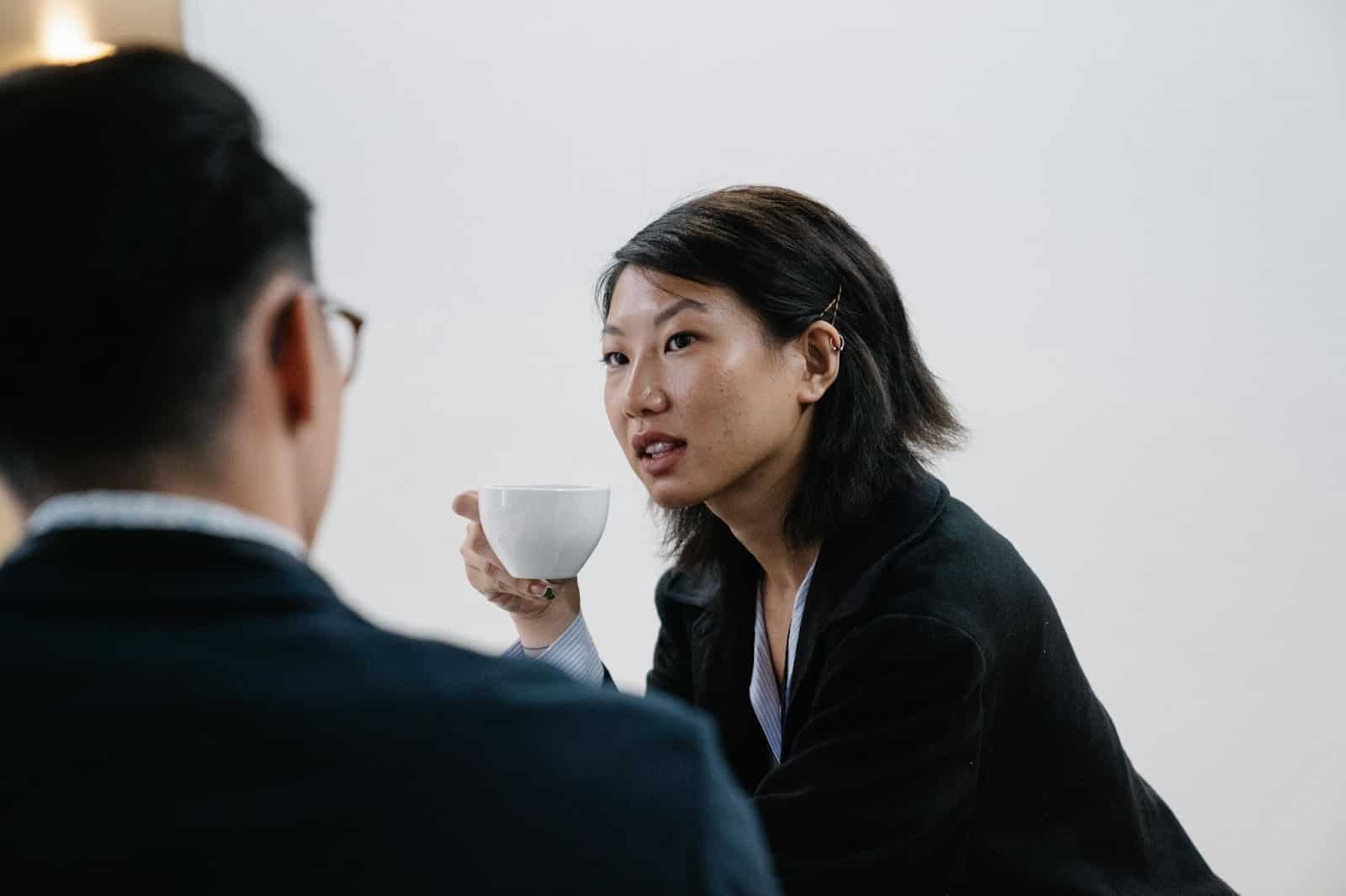 A man and woman talking