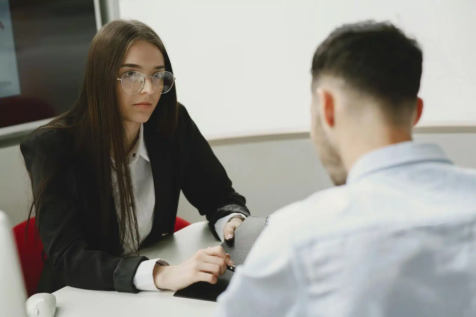 A man and woman having a serious conversation