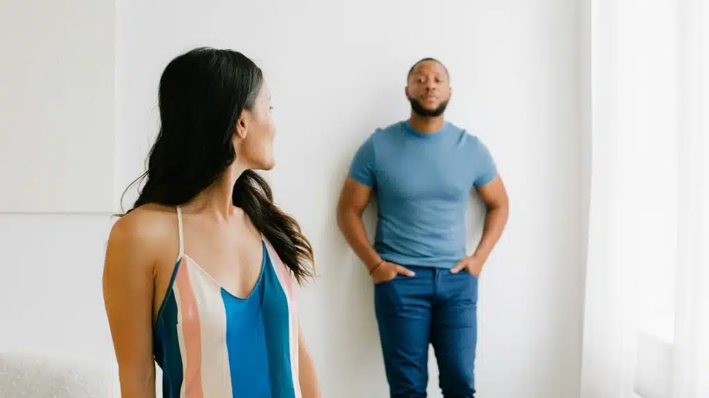 A man and woman looking at each other