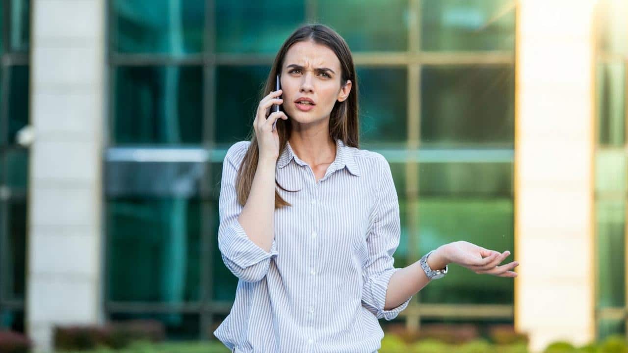A woman appearing upset is talking on the phone outdoors.