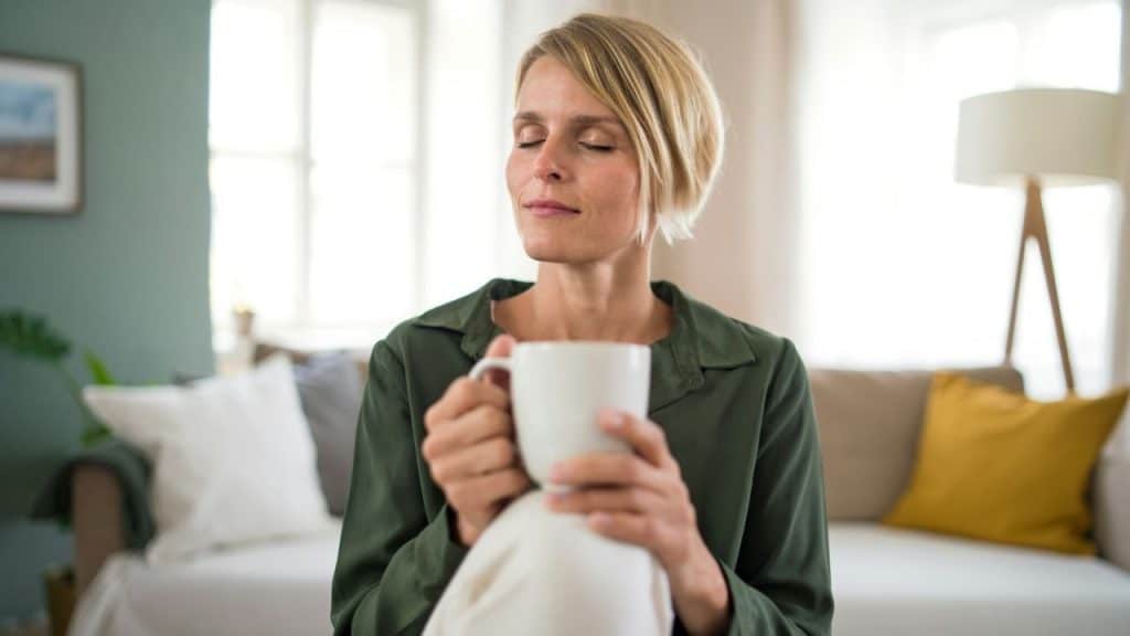 A woman sits on a sofa with eyes closed, holding a white mug with both hands.