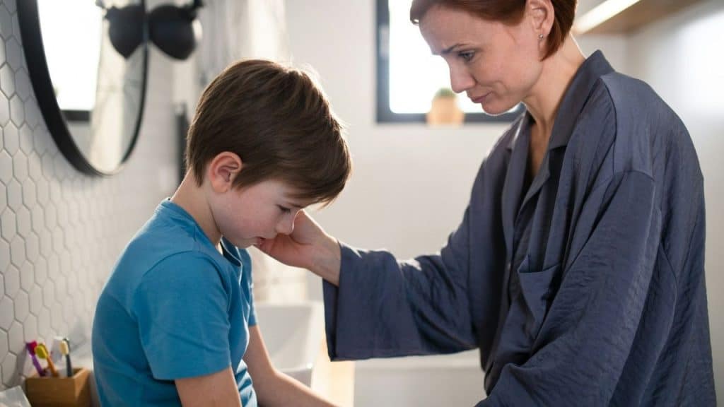 A woman in a blue robe comforts a young boy in a bathroom setting.
