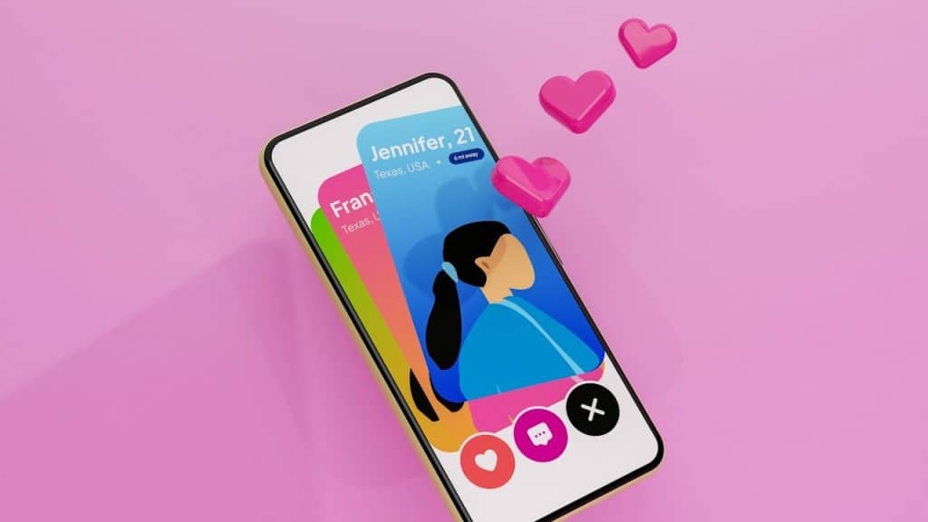 A cell phone with hearts floating out of it.
