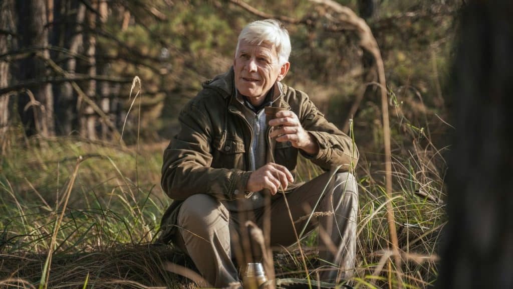 An older man with white hair sits in a forest holding a small metal cup.