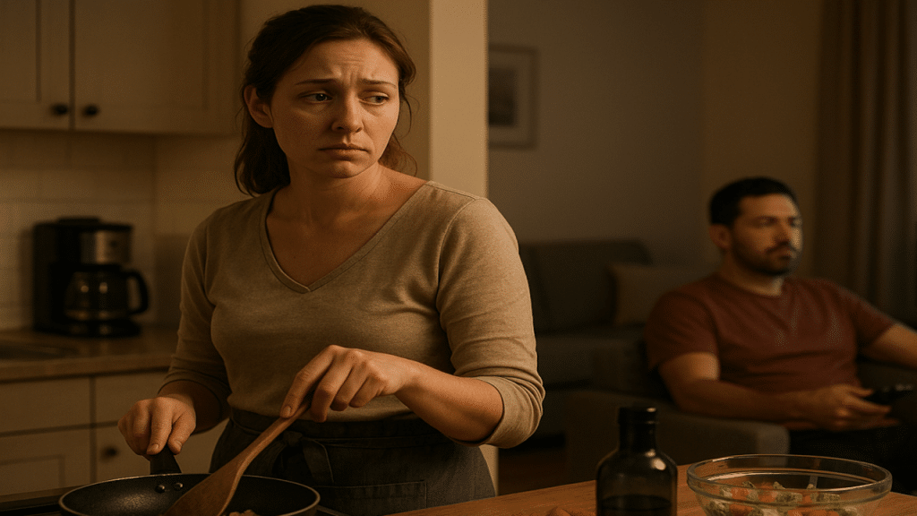A sad woman looking at her husband