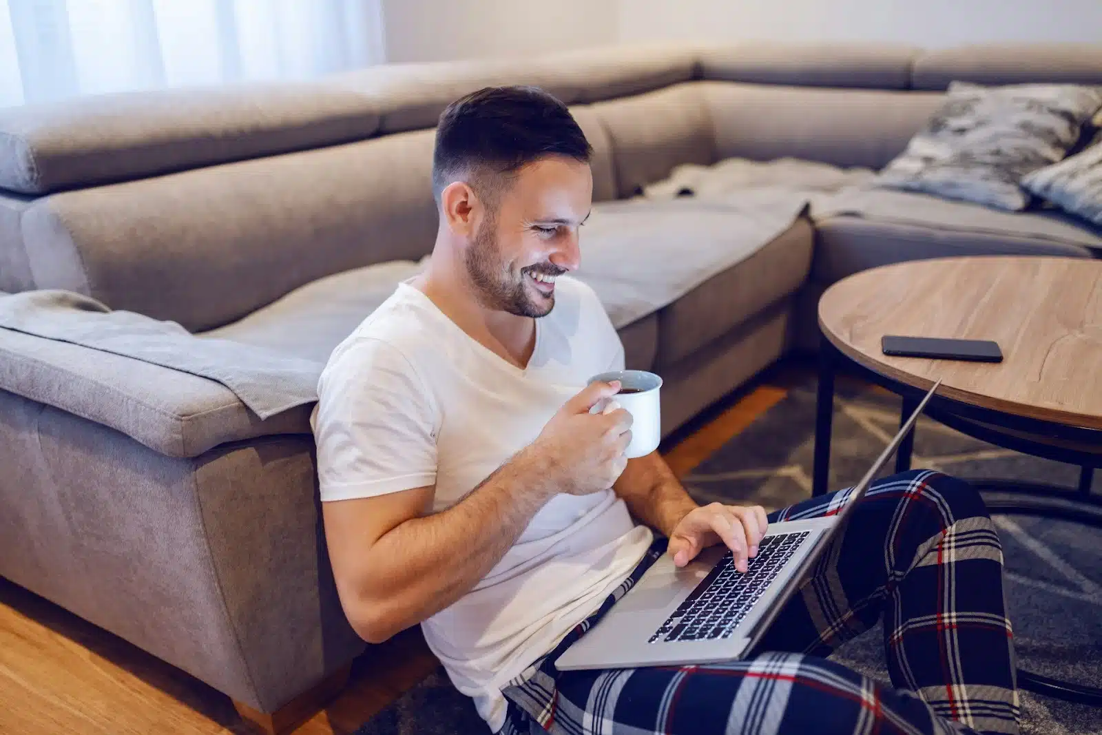 man happily working