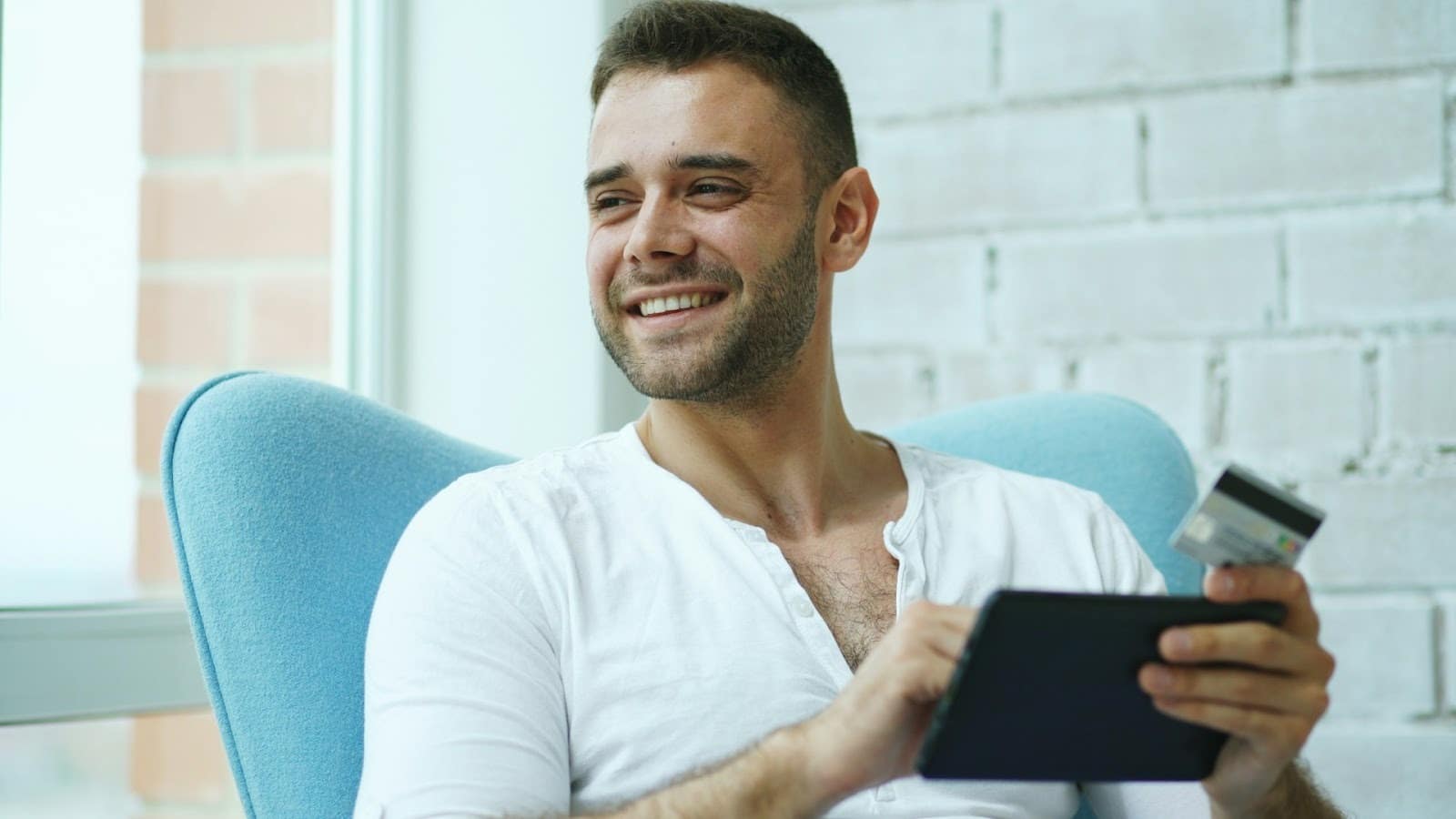 man happily resting
