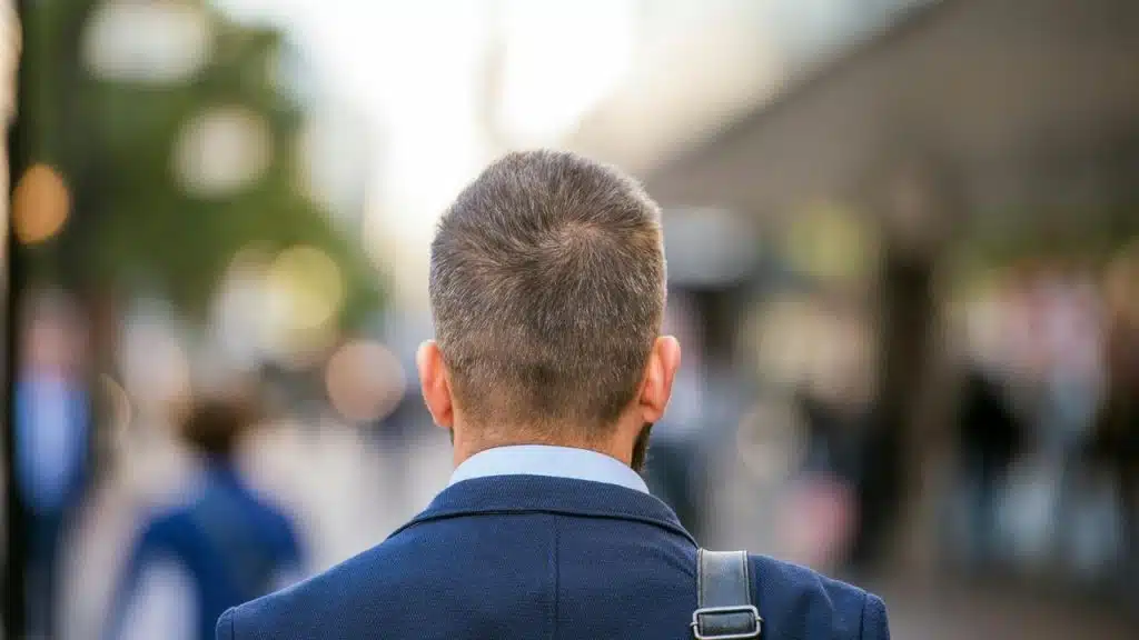 A man wearing a suit walking in the city with his back to the camera.
