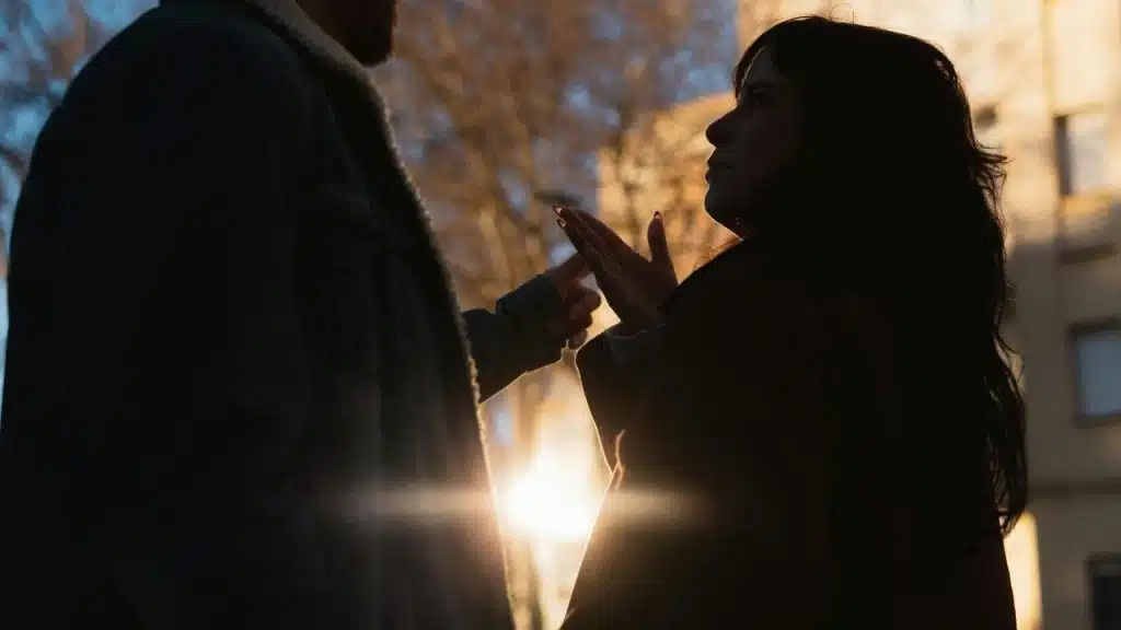A silhouetted couple arguing outdoors with the sun setting behind them.