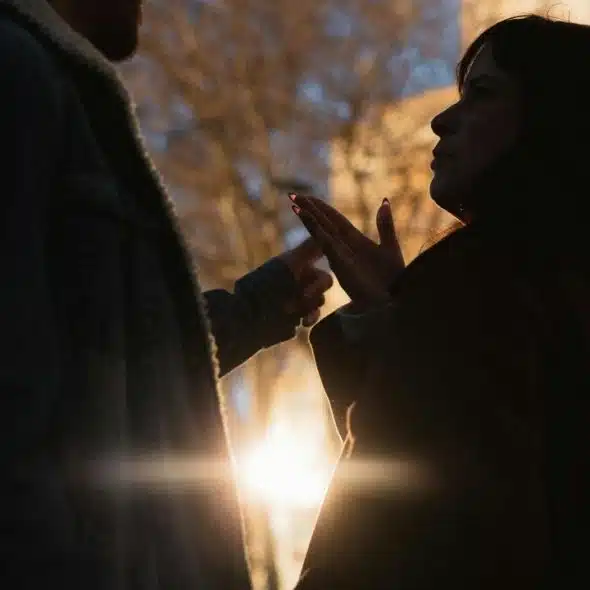 A silhouetted couple arguing outdoors with the sun setting behind them.