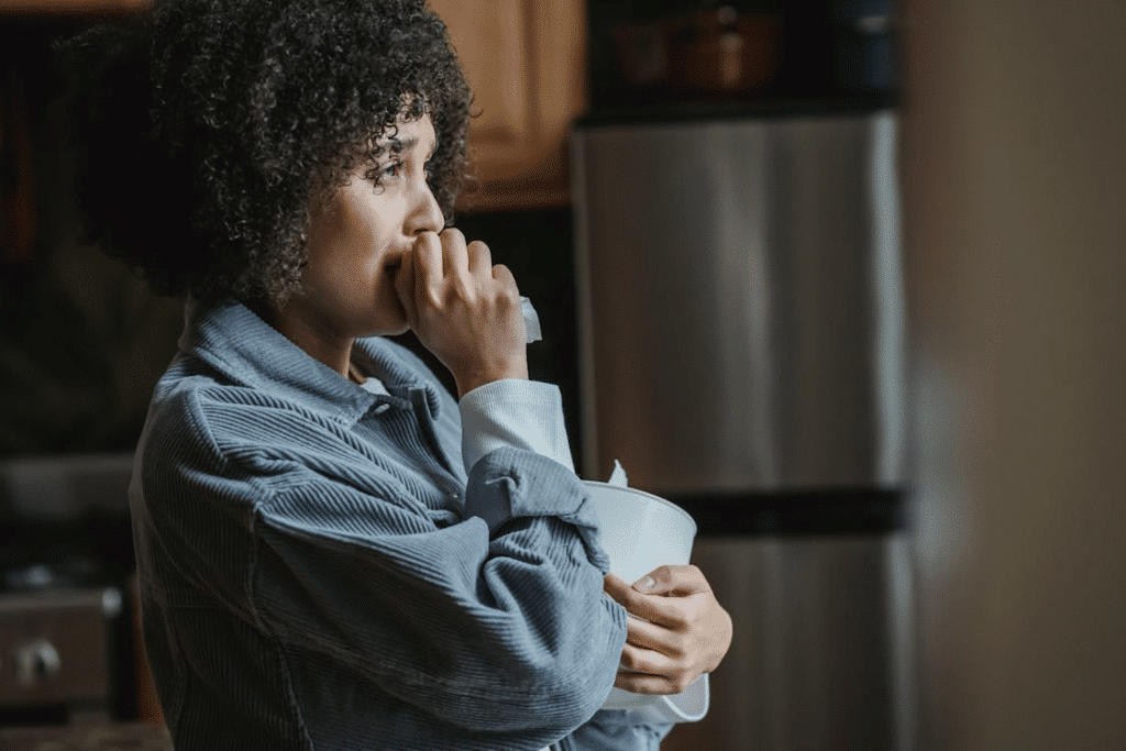 Upset woman crying staring out window