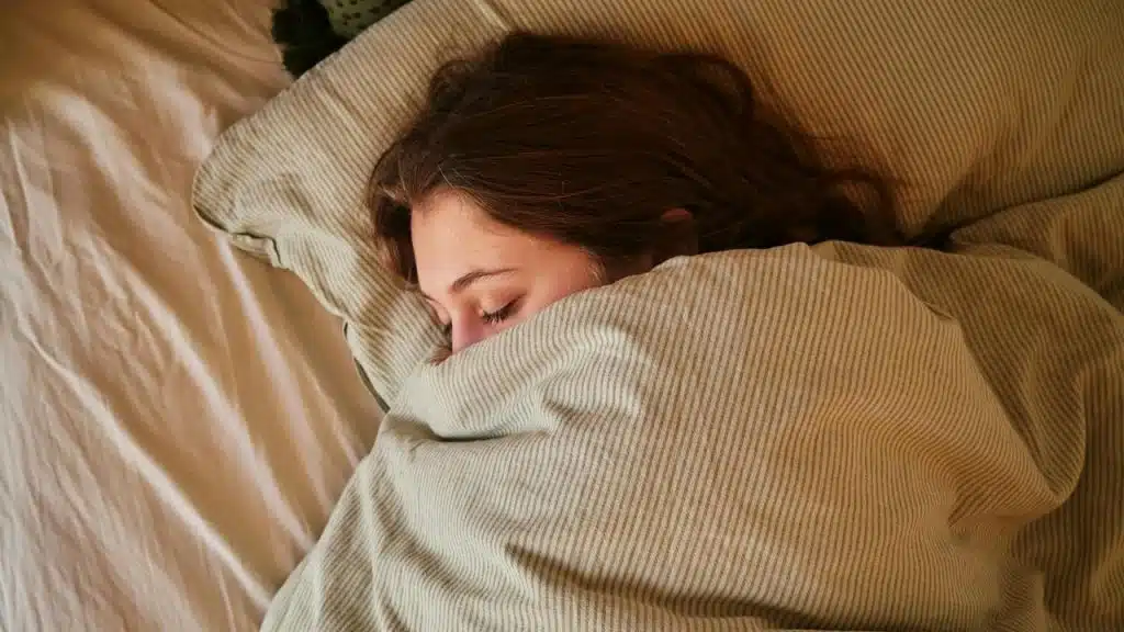 A woman sleeping peacefully under a blanket on a bed.