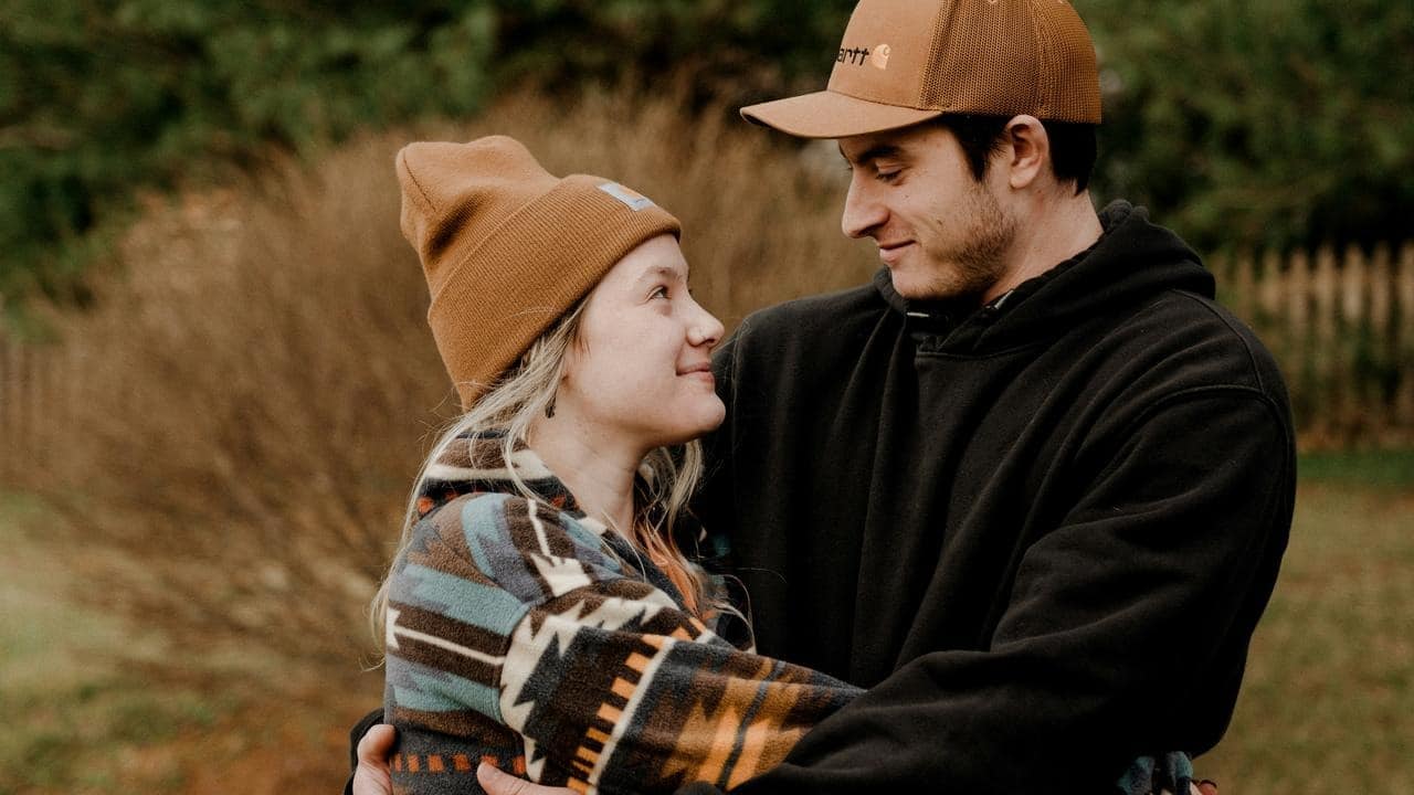 A couple embracing outdoors