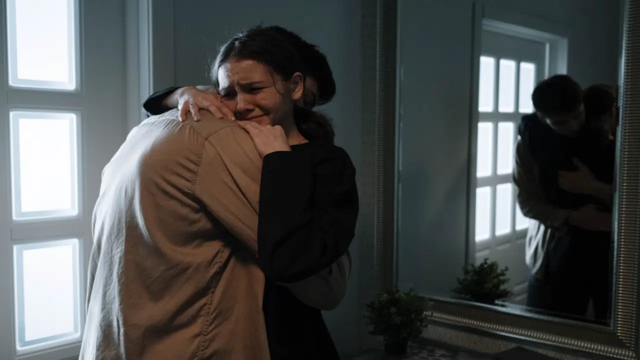 A man hugging his wife while she cries
