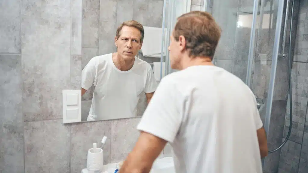 A man in a white t-shirt looks at his own reflection in a bathroom mirror.
