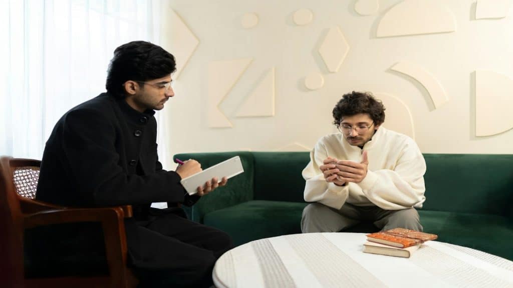man speaking calmly during discussion