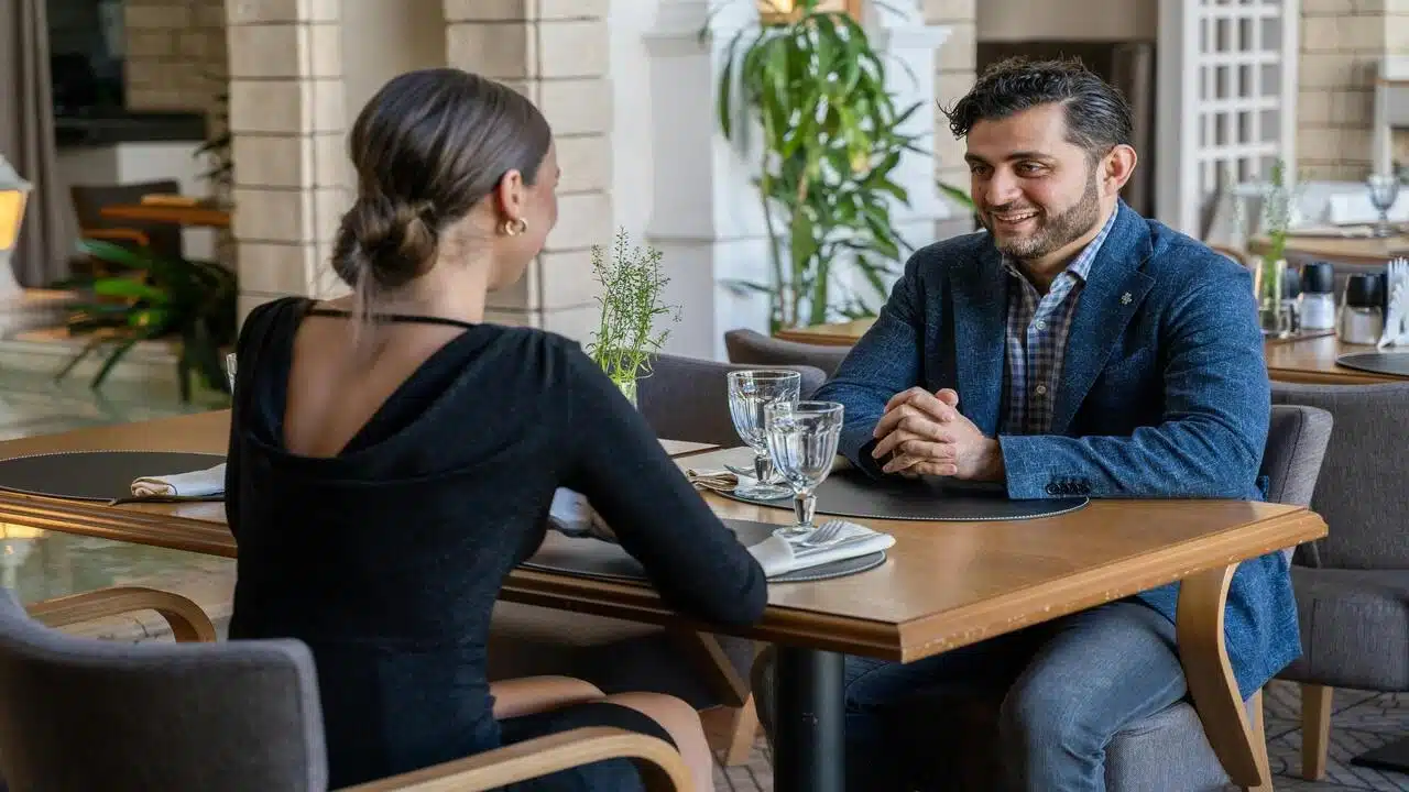 A couple talking during their date