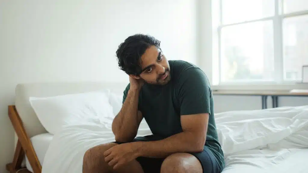 A sad man with dark hair sits on a white bed, leaning his head on his hand, looking slightly away from the camera.
