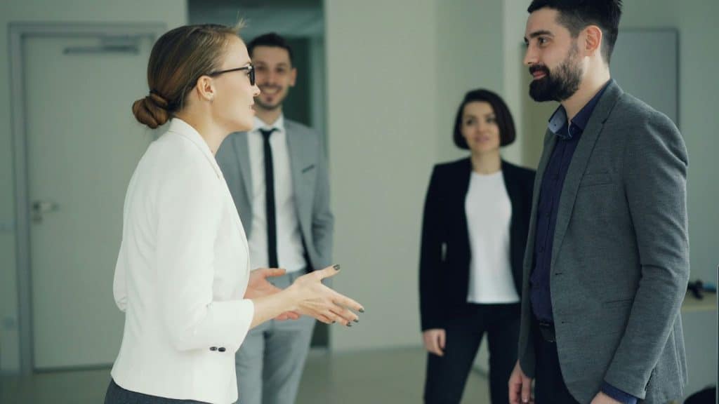 A man and woman talking