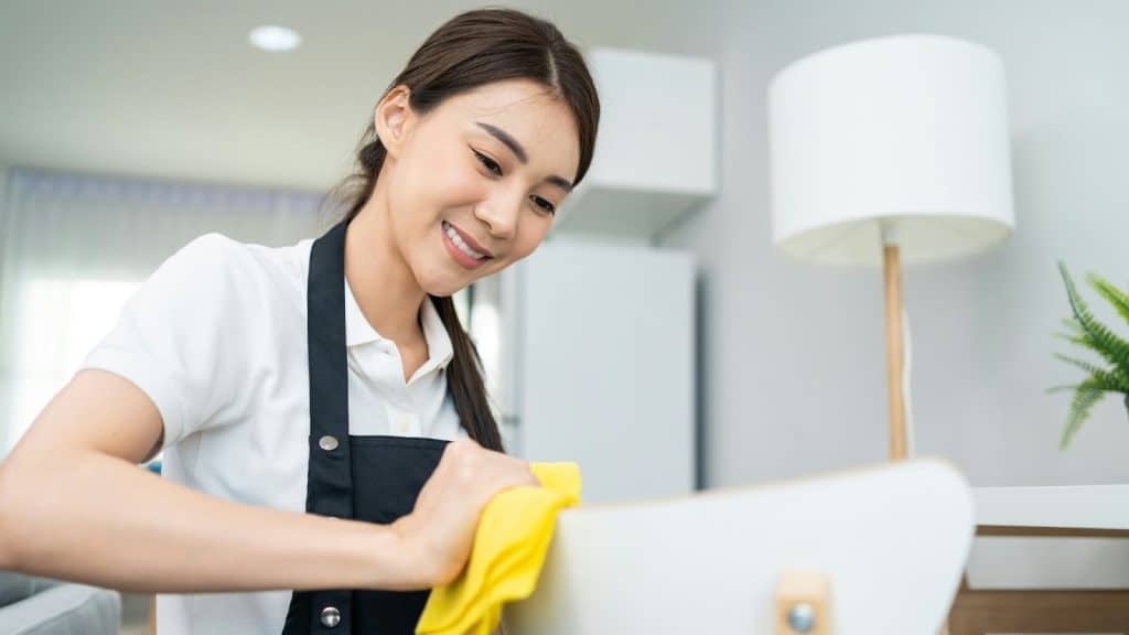 Woman cleaning all by herself