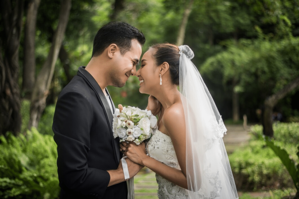 Portrait of love wedding day groom and bride