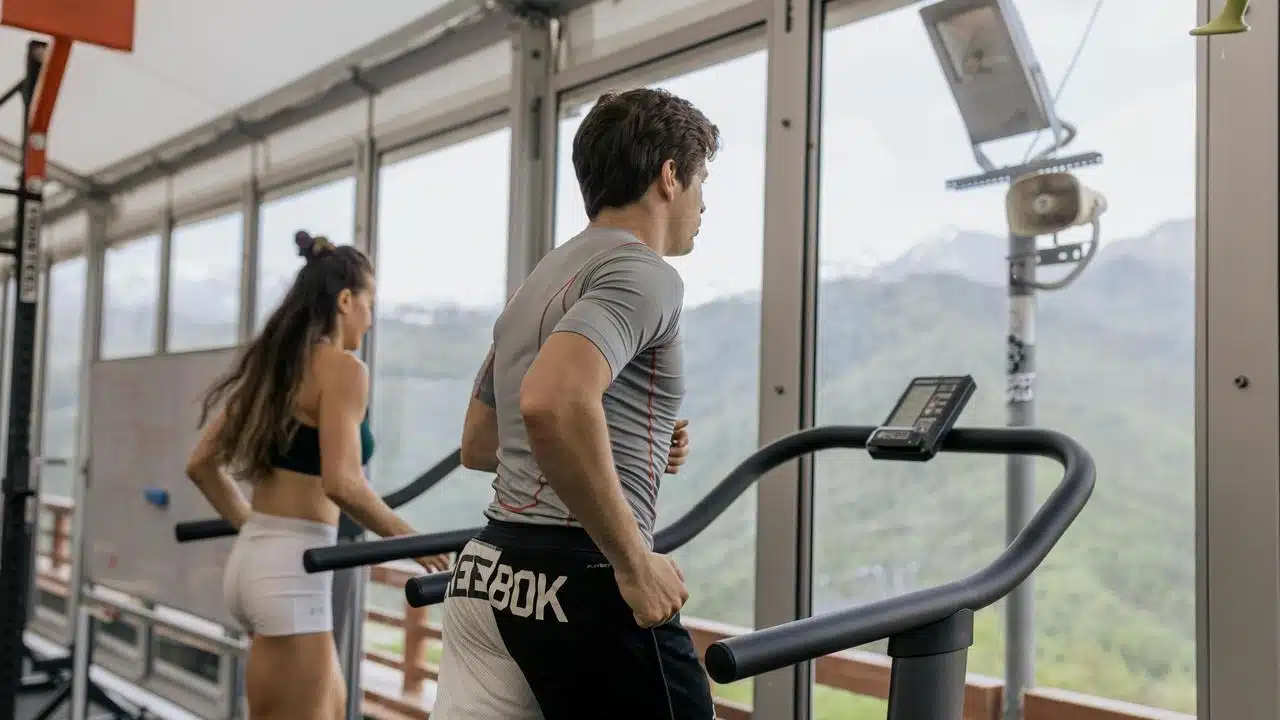A man and a woman running on treadmills