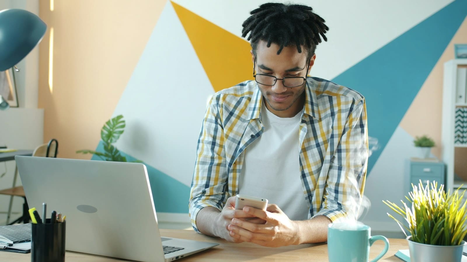 man checking phone stats