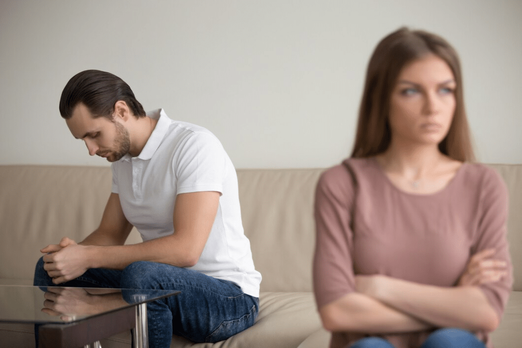 Sad depressed husband offended wife in quarrel